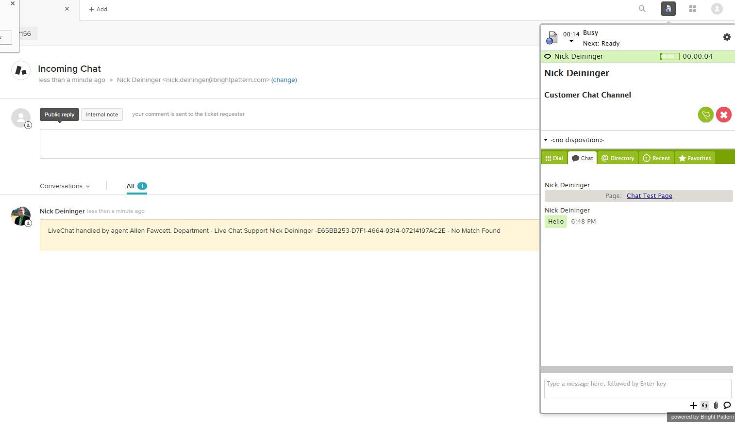 From the integrated Agent Desktop, the incoming chat is accepted