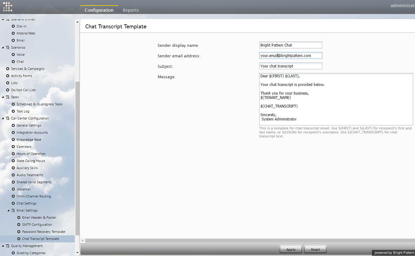 Chat transcript template properties
