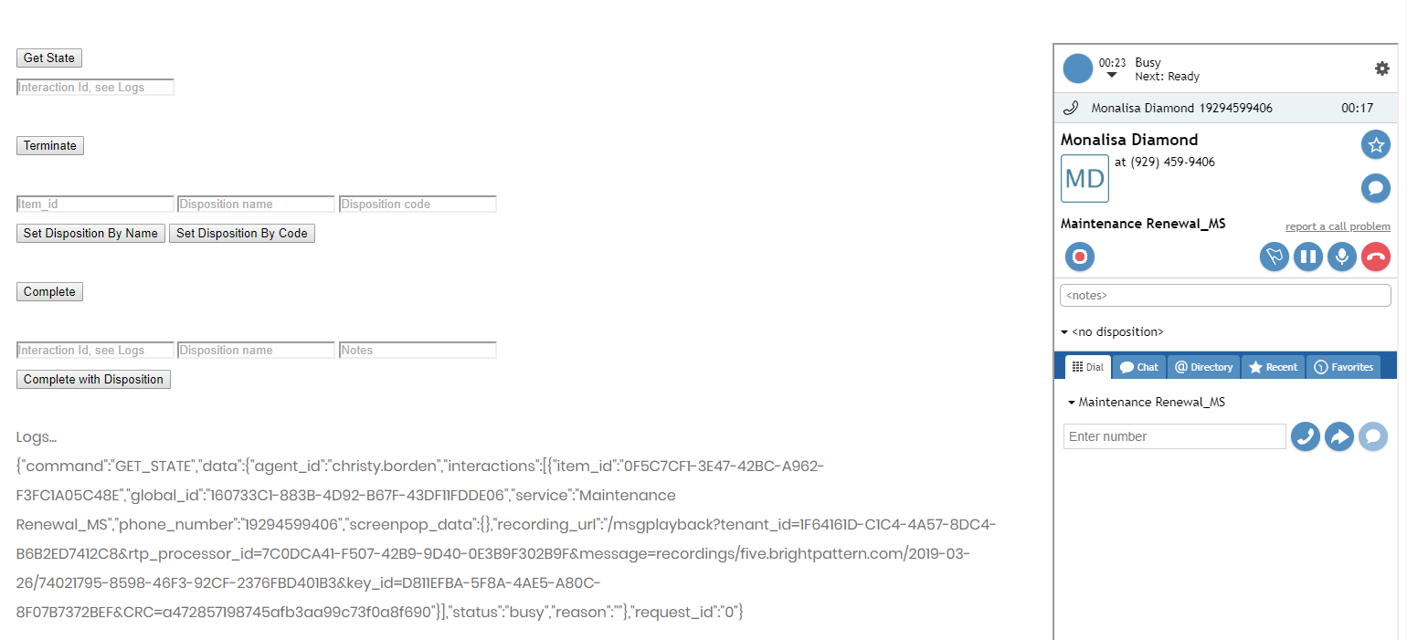 Agent status and interaction information shown in logs