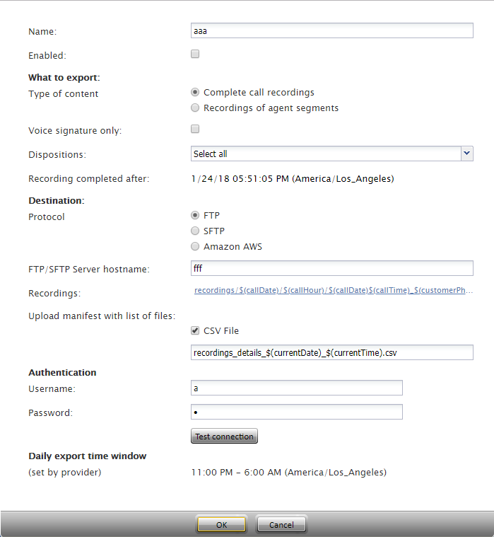 Periodic Export of Recordings dialog window