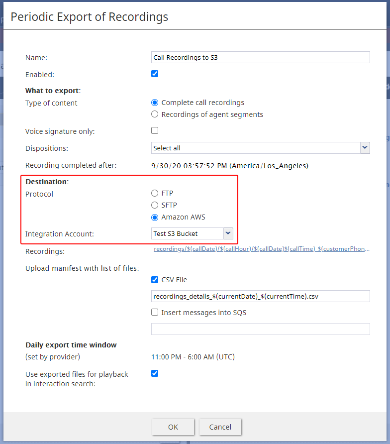 Periodic Export of Recordings settings