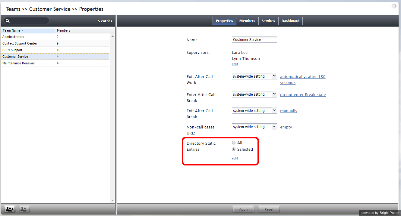 Users & Teams > Teams > Properties > Directory Static Entries