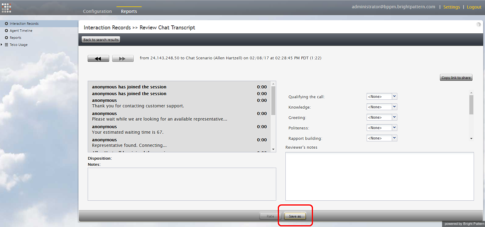 Click "Save as" to export a chat transcript