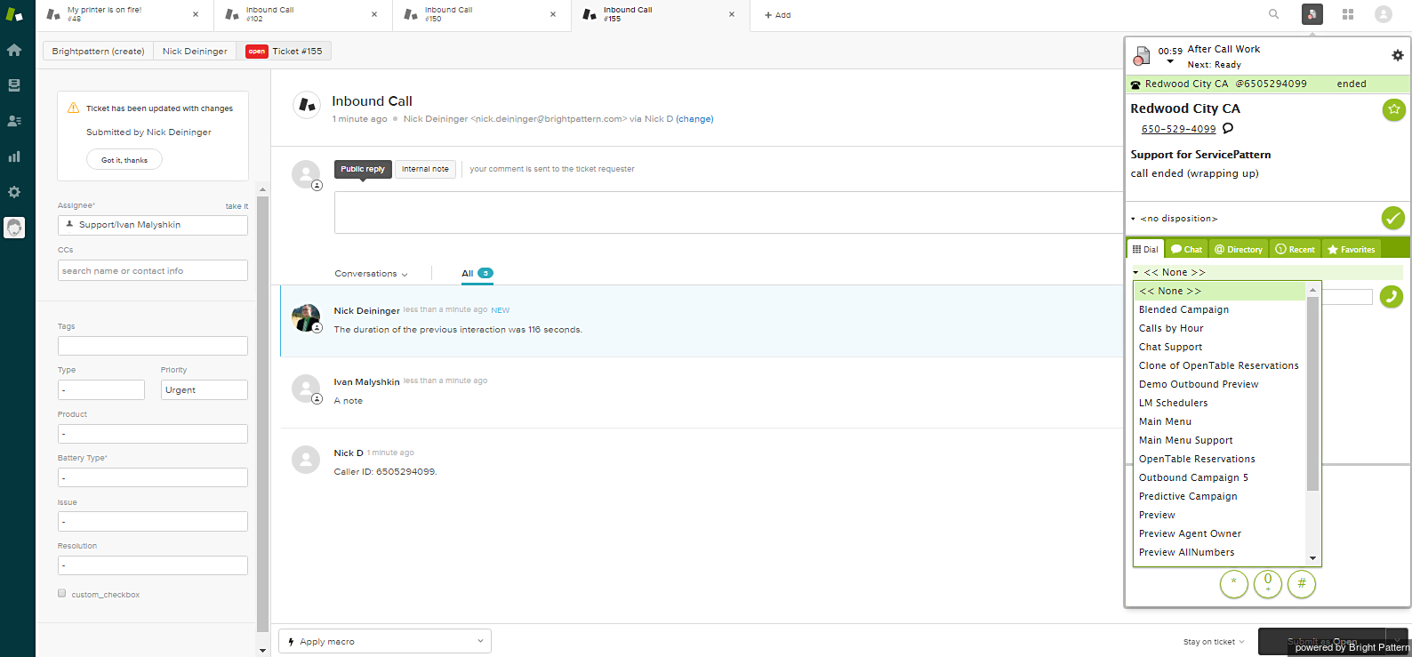 The activity history is refreshed with the note for the ticket in focus